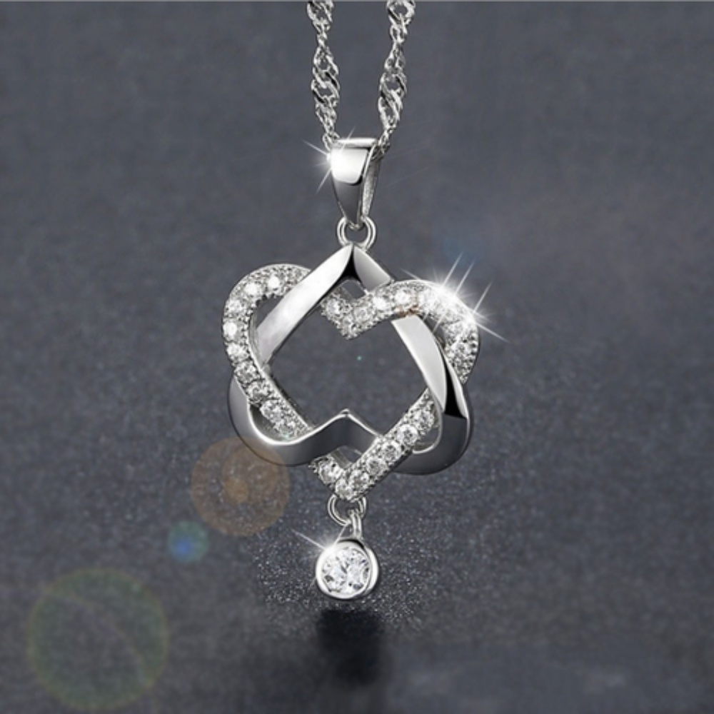 White Gold Filled CZ Heart Pendant Necklace Silver Tone‎